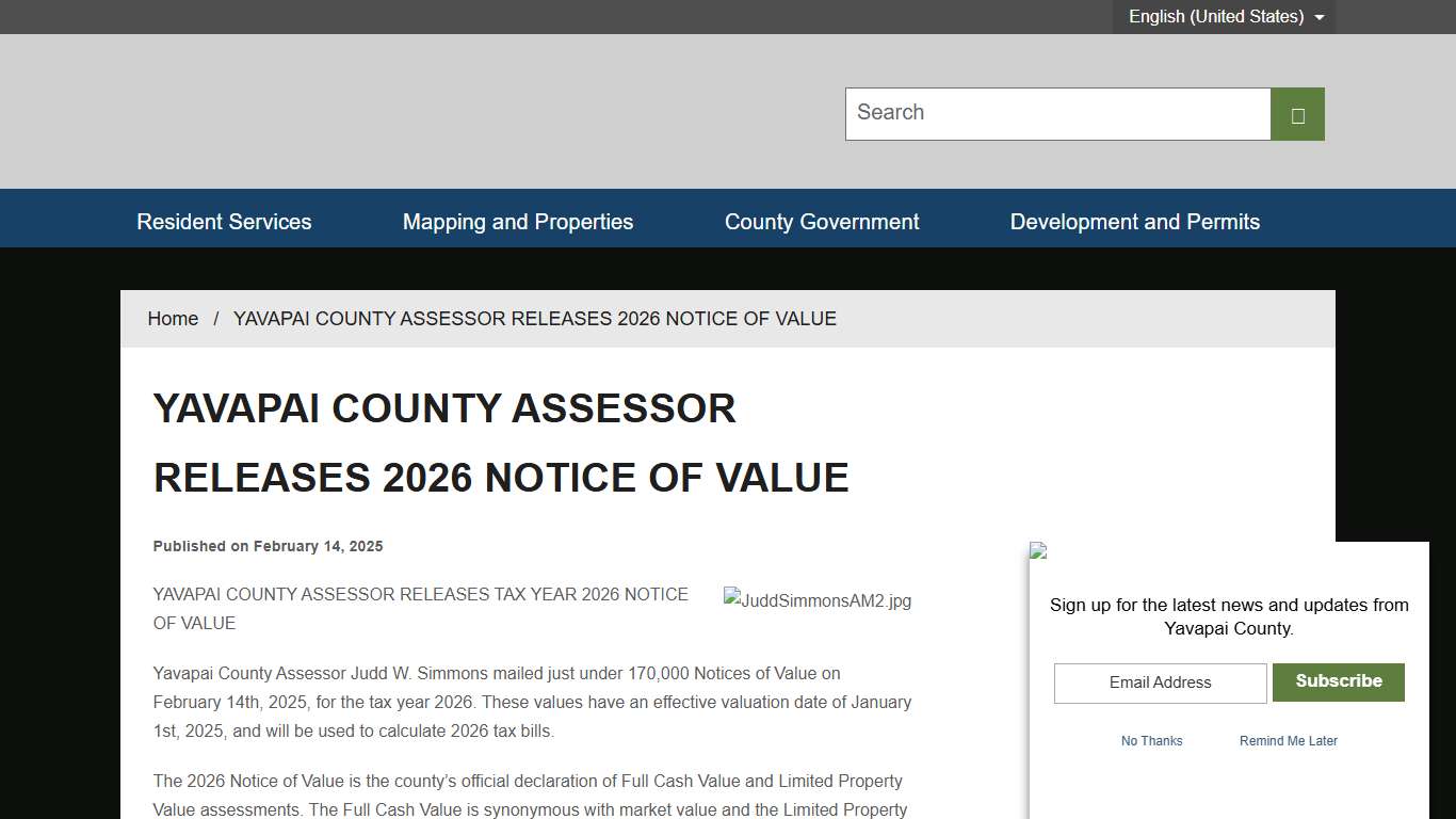 YAVAPAI COUNTY ASSESSOR RELEASES 2026 NOTICE OF VALUE - Yavapai, AZ
