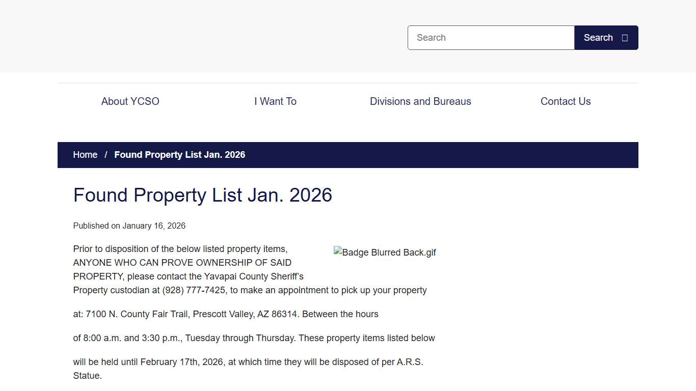 Found Property List Jan. 2026 YCSOAZ.gov