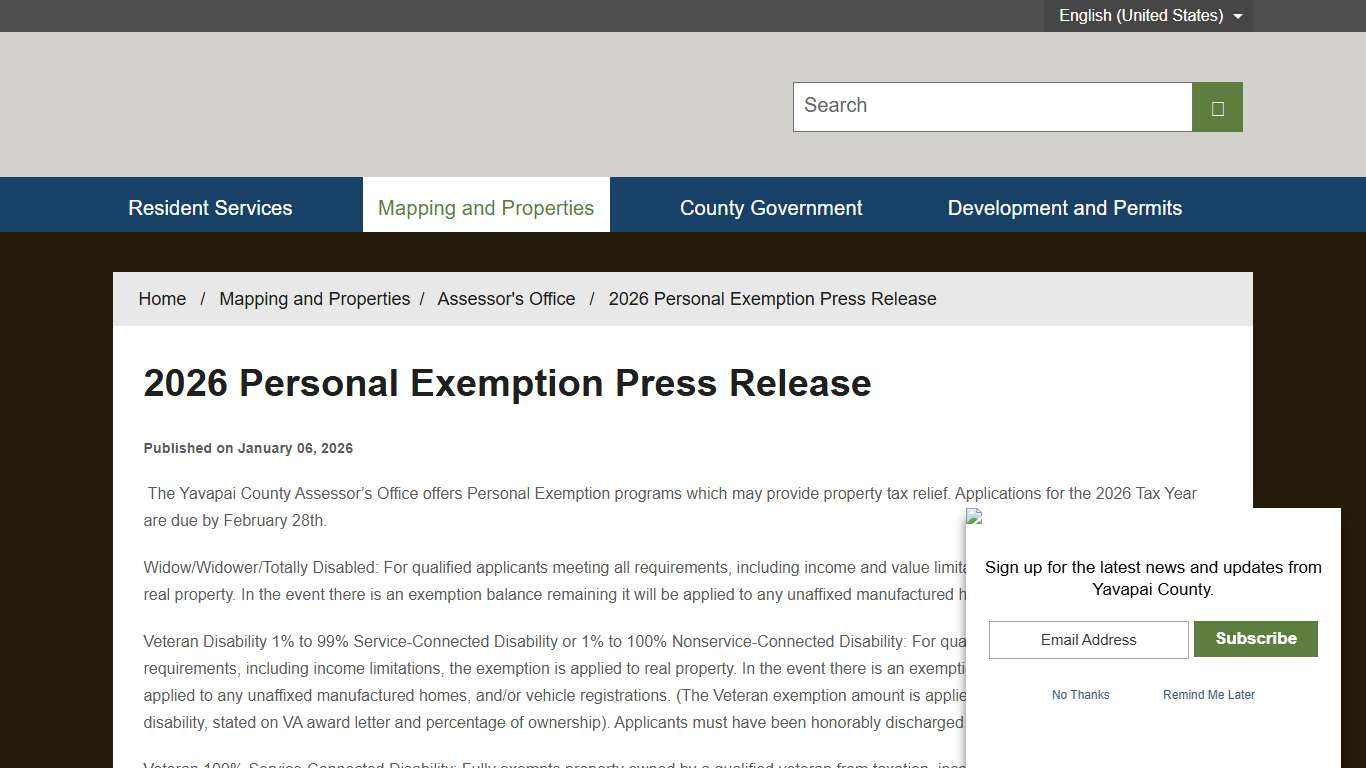 2026 Personal Exemption Press Release - Yavapai, AZ